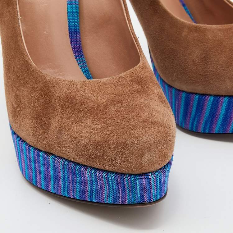 Pre Owned Missoni Brown/Blue Suede And Knit Fabric Platform Pumps Size 38