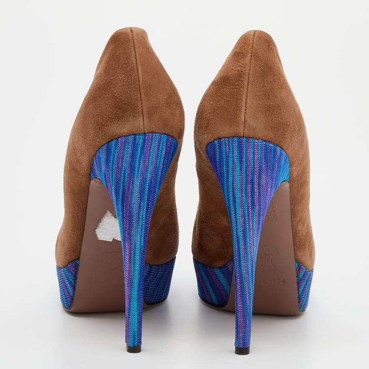 Pre Owned Missoni Brown/Blue Suede And Knit Fabric Platform Pumps Size 38