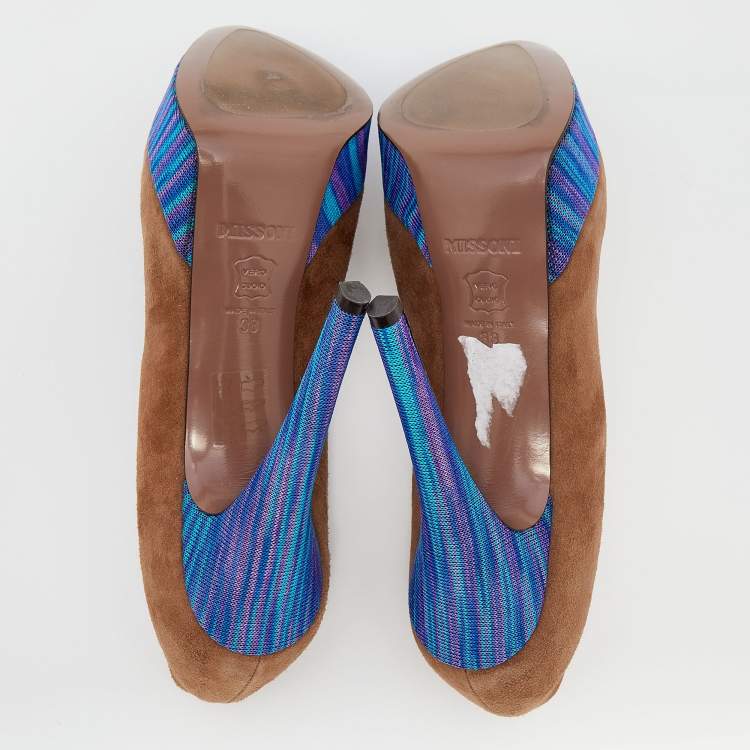 Pre Owned Missoni Brown/Blue Suede And Knit Fabric Platform Pumps Size 38