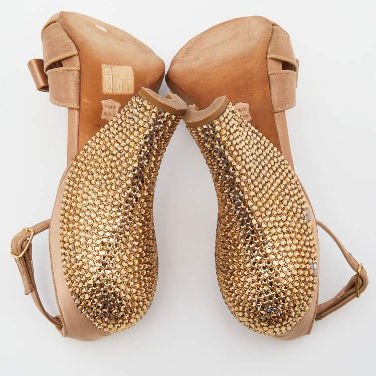 Pre Owned Missoni Beige Satin Crystal Embellished Heel Ankle Strap Sandals Size 38