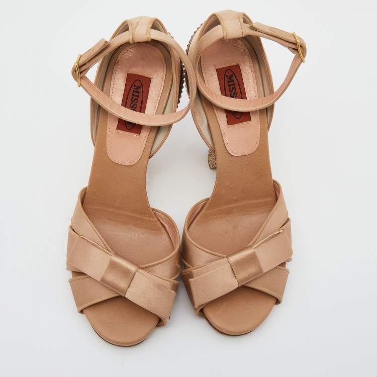 Pre Owned Missoni Beige Satin Crystal Embellished Heel Ankle Strap Sandals Size 38
