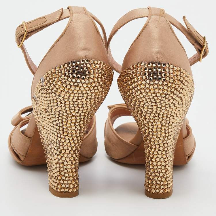 Pre Owned Missoni Beige Satin Crystal Embellished Heel Ankle Strap Sandals Size 38