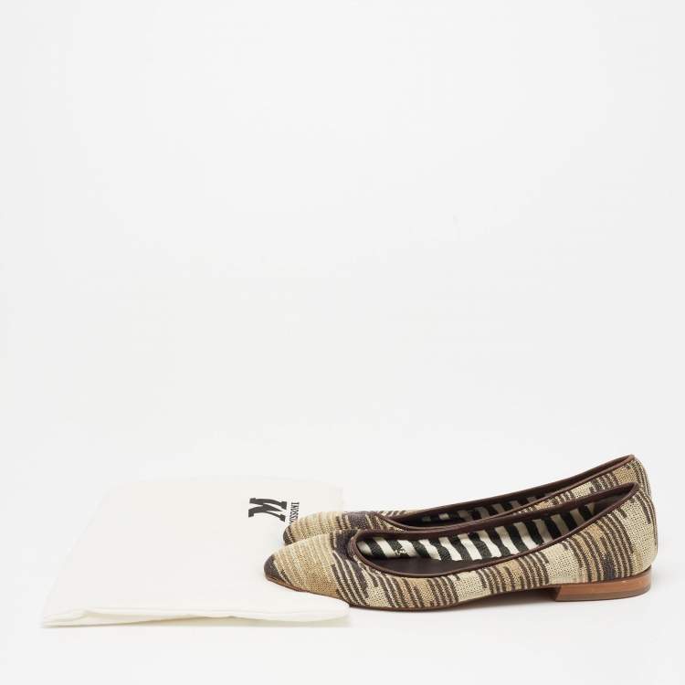Pre Owned  M Missoni Metallic And Brown Fabric And Leather Ballet Flats Size 38