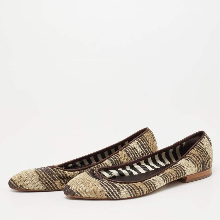 Pre Owned  M Missoni Metallic And Brown Fabric And Leather Ballet Flats Size 38