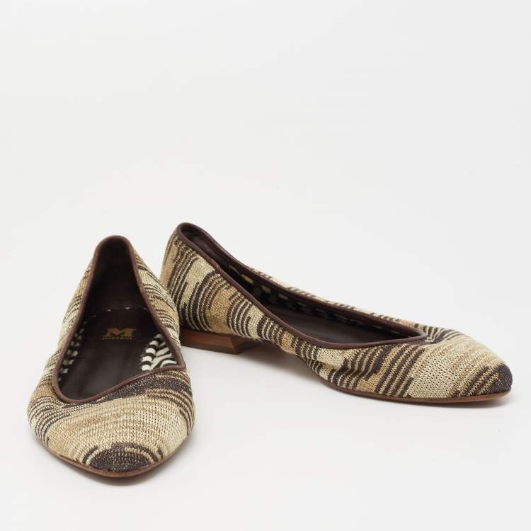 Pre Owned  M Missoni Metallic And Brown Fabric And Leather Ballet Flats Size 38