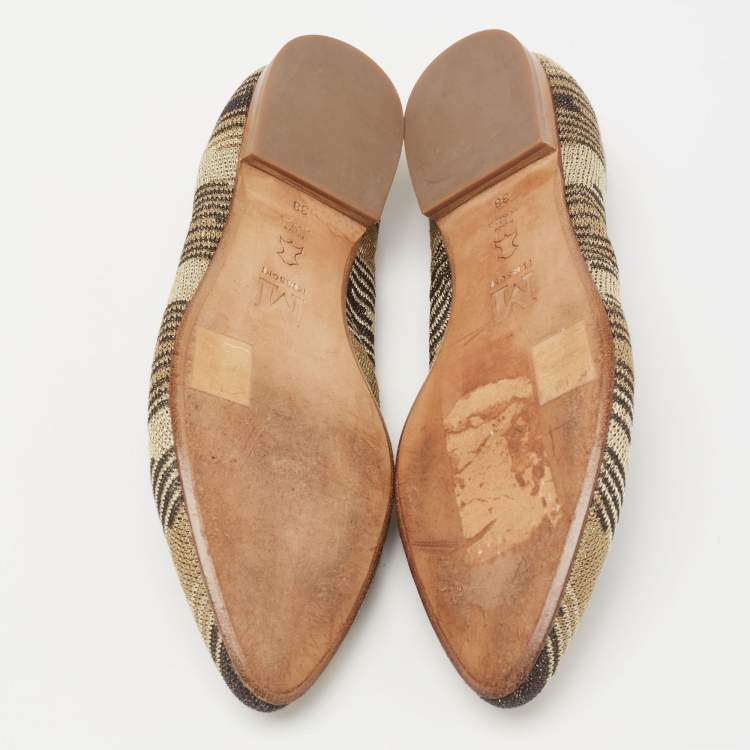 Pre Owned  M Missoni Metallic And Brown Fabric And Leather Ballet Flats Size 38