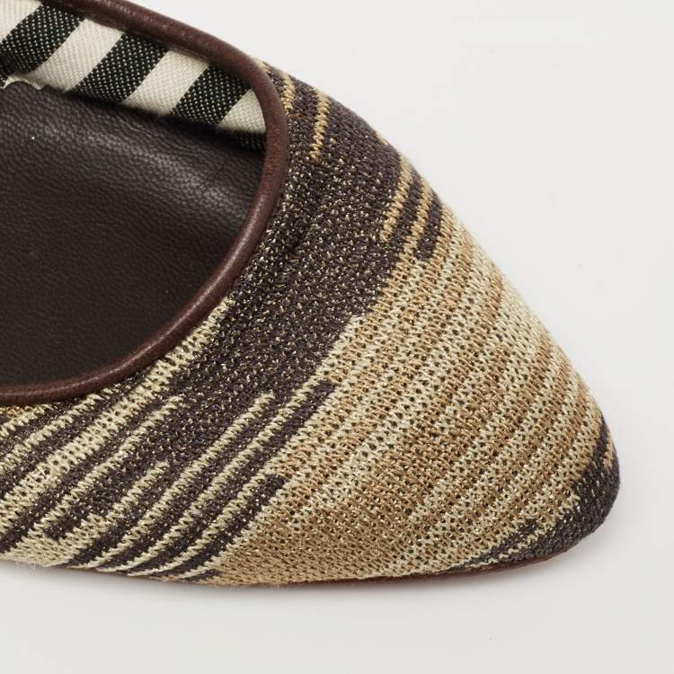 Pre Owned  M Missoni Metallic And Brown Fabric And Leather Ballet Flats Size 38