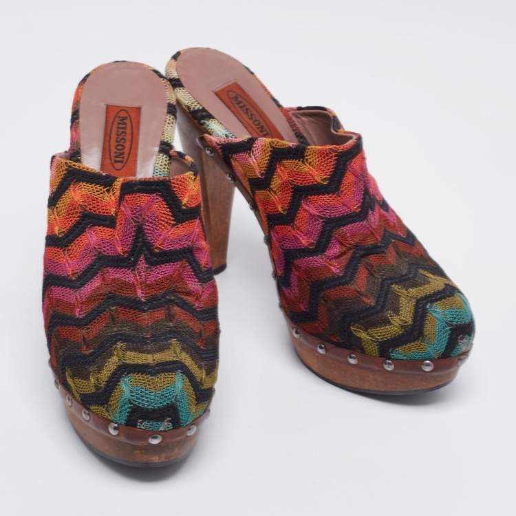 Pre Owned Missoni Multicolor Knit Fabric Knotted Clog Platform Sandals Size 39