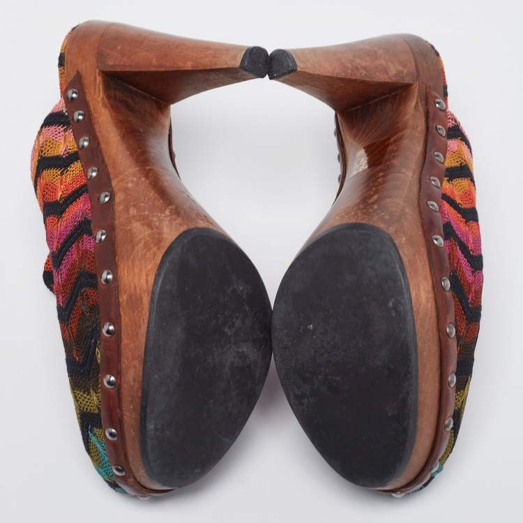 Pre Owned Missoni Multicolor Knit Fabric Knotted Clog Platform Sandals Size 39
