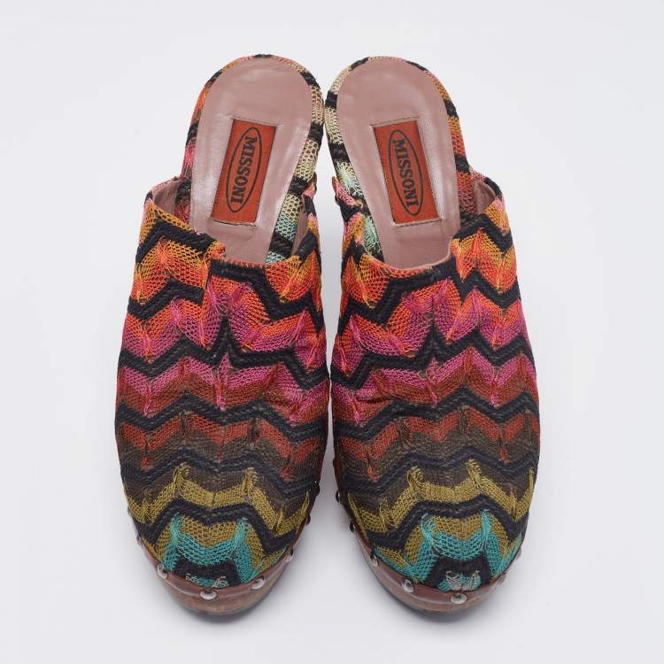 Pre Owned Missoni Multicolor Knit Fabric Knotted Clog Platform Sandals Size 39
