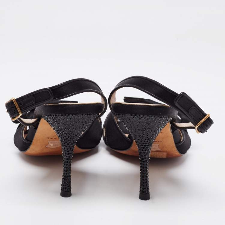 Pre Owned Missoni Black Satin Bow Crystal Embellished Heel Slingback Sandals Size 37