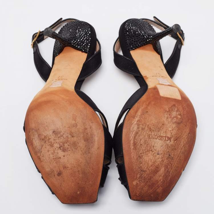 Pre Owned Missoni Black Satin Bow Crystal Embellished Heel Slingback Sandals Size 37