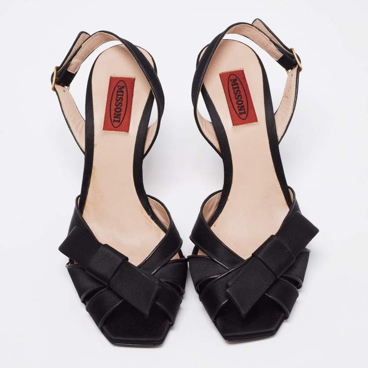 Pre Owned Missoni Black Satin Bow Crystal Embellished Heel Slingback Sandals Size 37