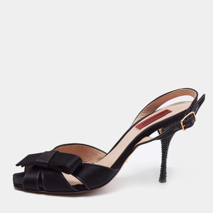 Pre Owned Missoni Black Satin Bow Crystal Embellished Heel Slingback Sandals Size 37