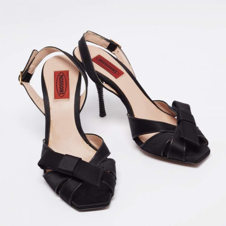 Pre Owned Missoni Black Satin Bow Crystal Embellished Heel Slingback Sandals Size 37