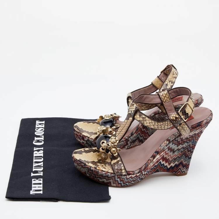Pre Owned Missoni Beige Python Embellished T-Strap Wedge Sandals Size 38