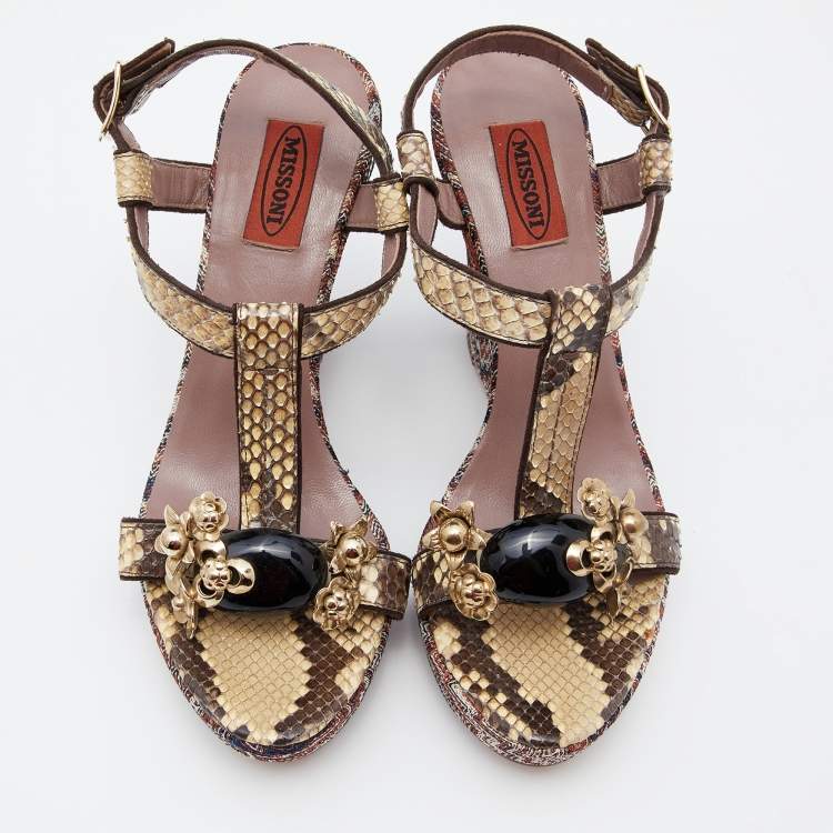 Pre Owned Missoni Beige Python Embellished T-Strap Wedge Sandals Size 38