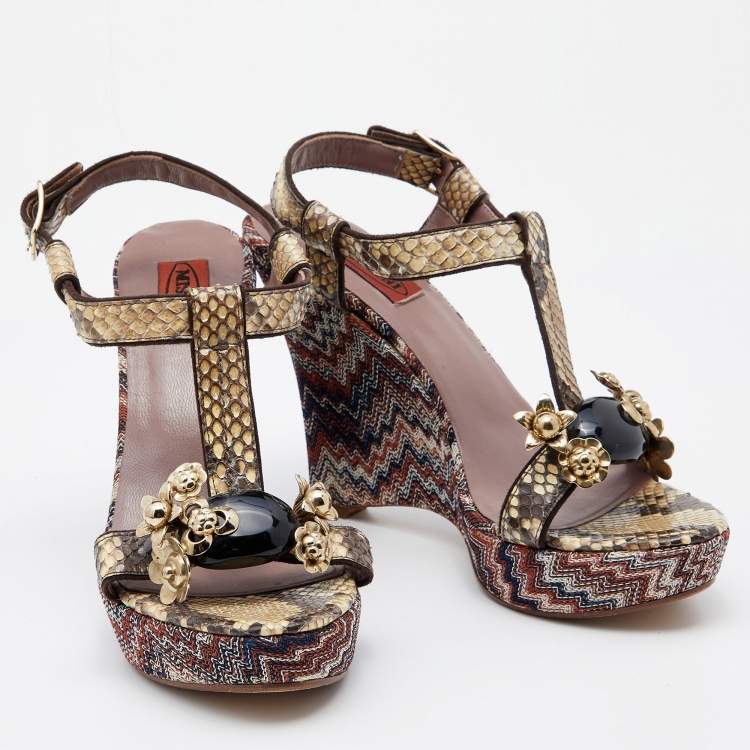 Pre Owned Missoni Beige Python Embellished T-Strap Wedge Sandals Size 38