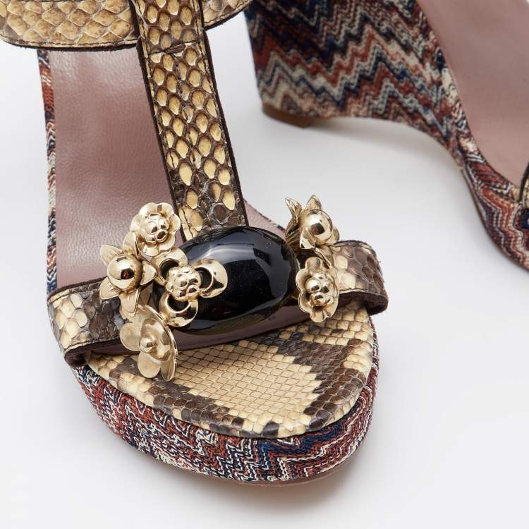 Pre Owned Missoni Beige Python Embellished T-Strap Wedge Sandals Size 38