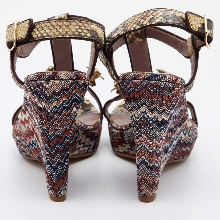 Pre Owned Missoni Beige Python Embellished T-Strap Wedge Sandals Size 38