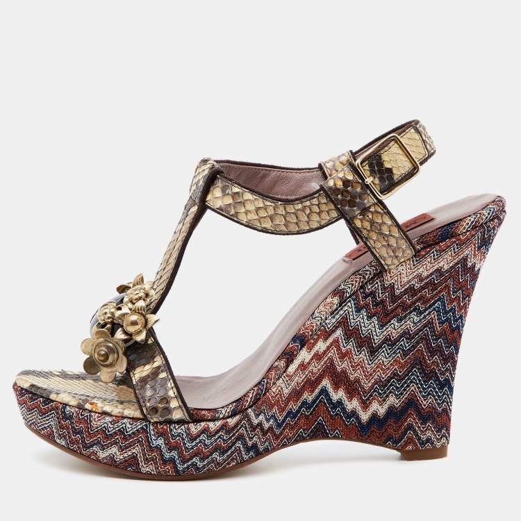 Pre Owned Missoni Beige Python Embellished T-Strap Wedge Sandals Size 38