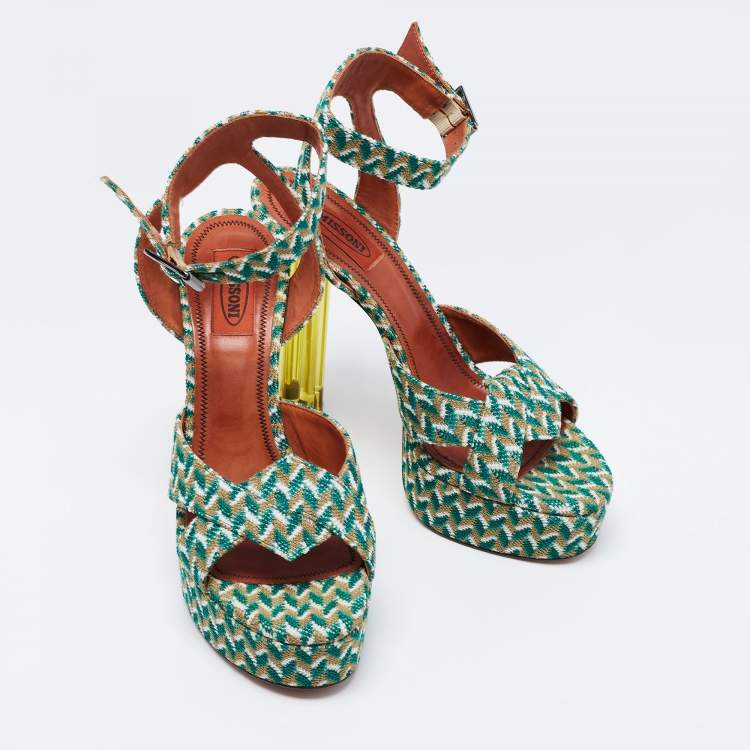 Pre Owned Missoni Tricolor Knit Fabric Platform Ankle Strap Sandals Size 39