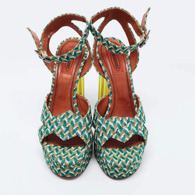 Pre Owned Missoni Tricolor Knit Fabric Platform Ankle Strap Sandals Size 39