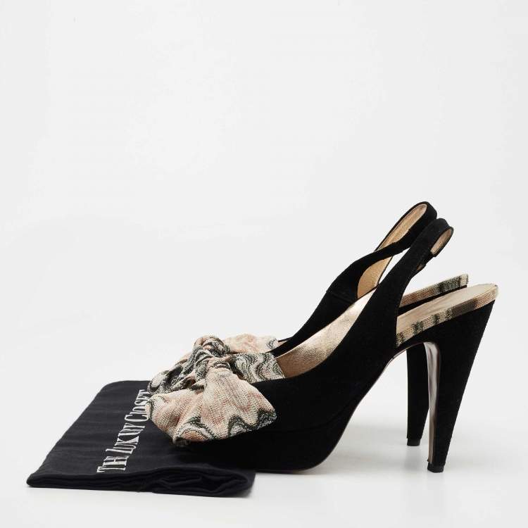 Pre Owned Missoni Black Suede and Fabric Bow Peep Toe Slingback Pumps Size 40
