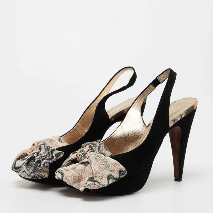 Pre Owned Missoni Black Suede and Fabric Bow Peep Toe Slingback Pumps Size 40