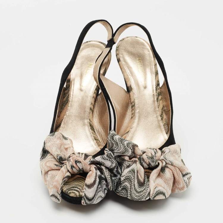 Pre Owned Missoni Black Suede and Fabric Bow Peep Toe Slingback Pumps Size 40