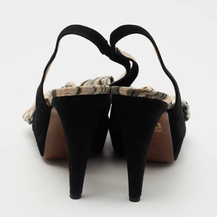 Pre Owned Missoni Black Suede and Fabric Bow Peep Toe Slingback Pumps Size 40