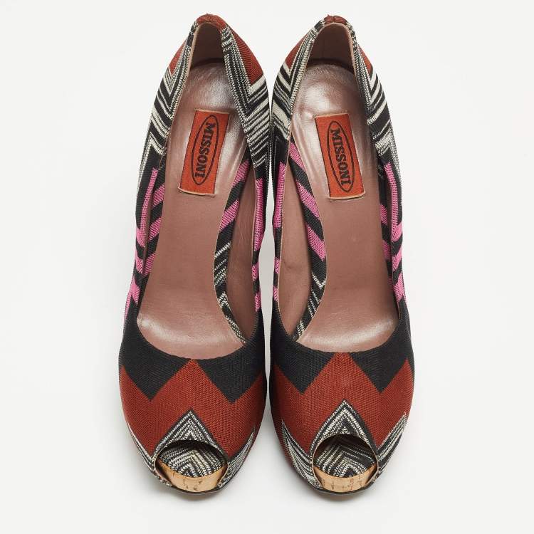 Pre Owned Missoni Multicolor Zig Zag Print Fabric Peep Toe Pumps Size 38