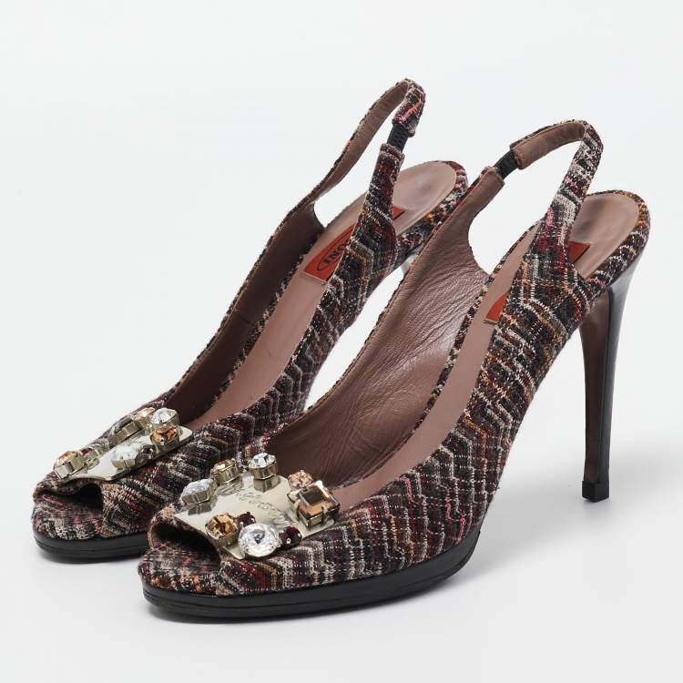 Pre Owned Missoni Multicolor Tweed Crystal Embellished Peep Toe Slingback Sandals Size 38