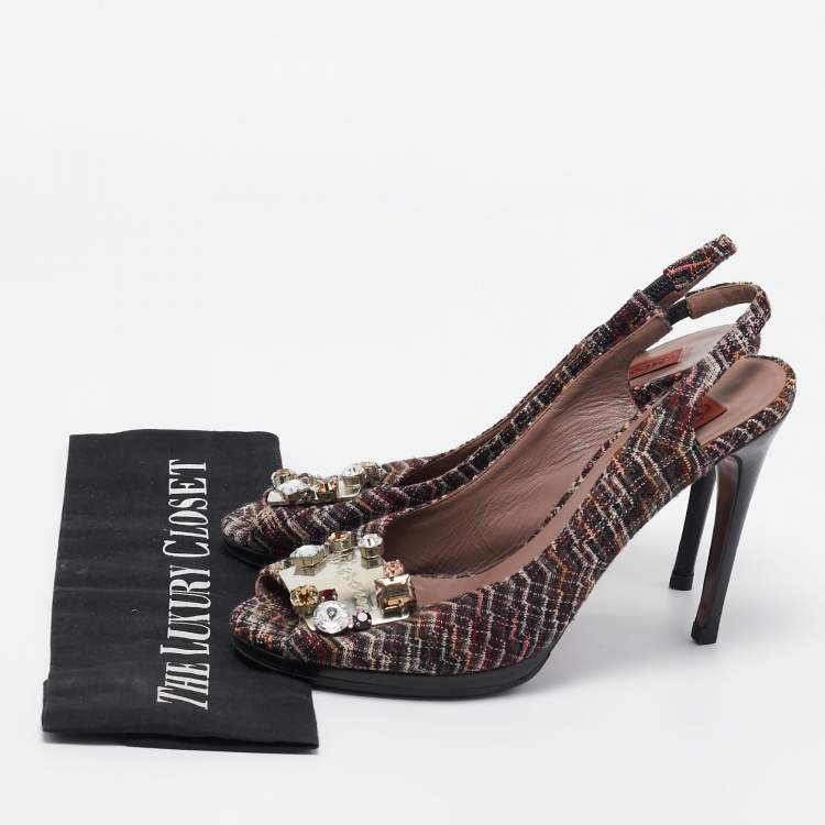 Pre Owned Missoni Multicolor Tweed Crystal Embellished Peep Toe Slingback Sandals Size 38
