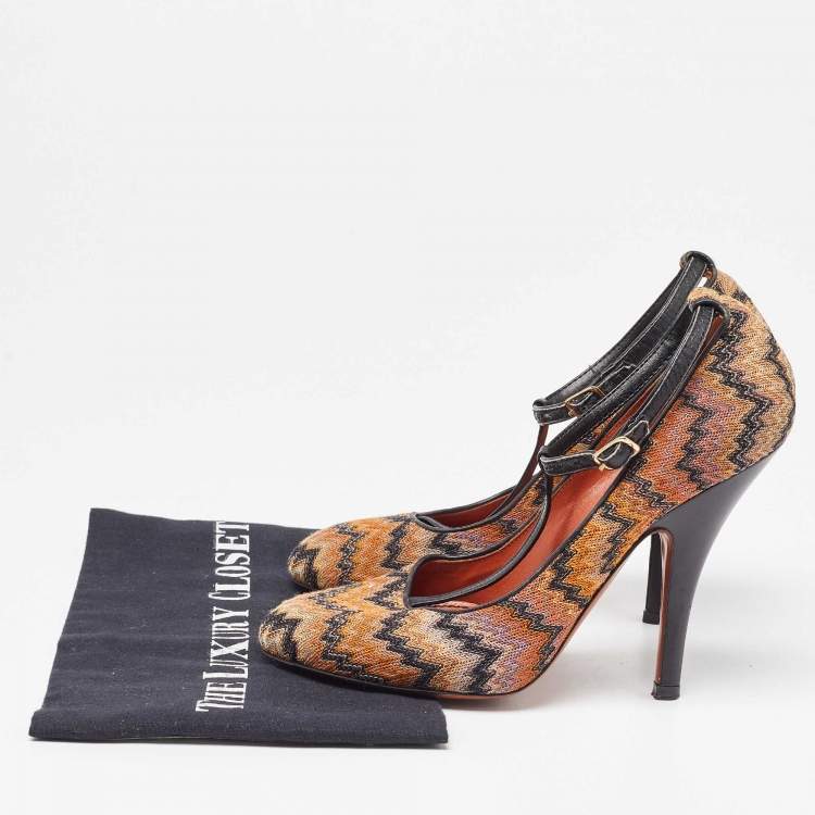 Pre Owned Missoni Black/Orange Fabric and Leather Ankle T-Strap Pumps Size 37