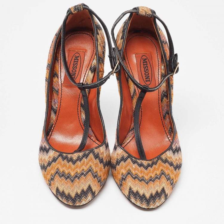 Pre Owned Missoni Black/Orange Fabric and Leather Ankle T-Strap Pumps Size 37