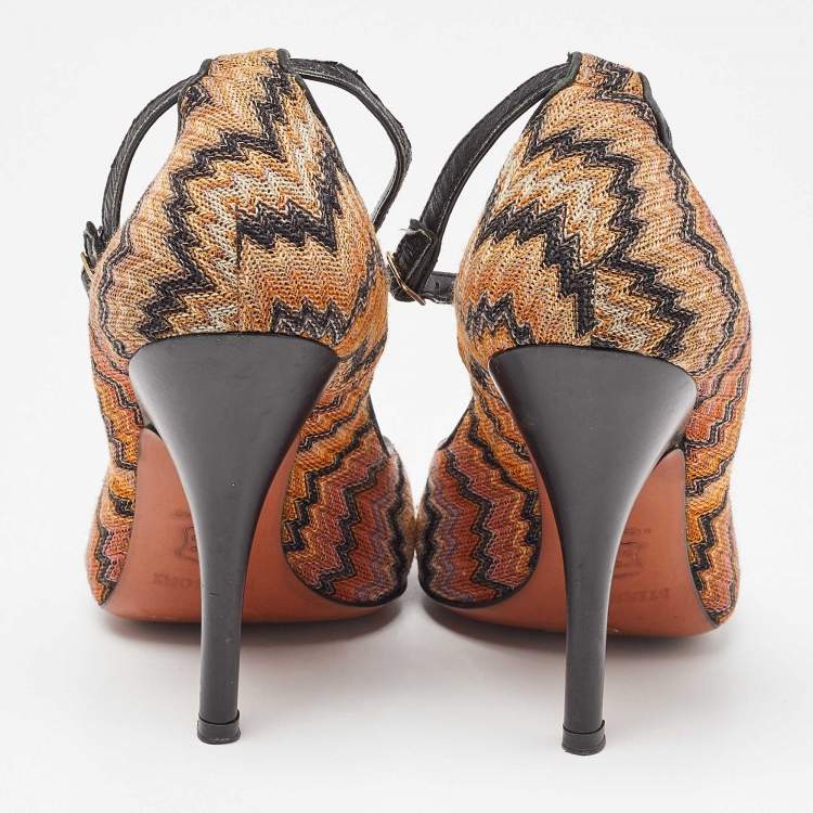 Pre Owned Missoni Black/Orange Fabric and Leather Ankle T-Strap Pumps Size 37