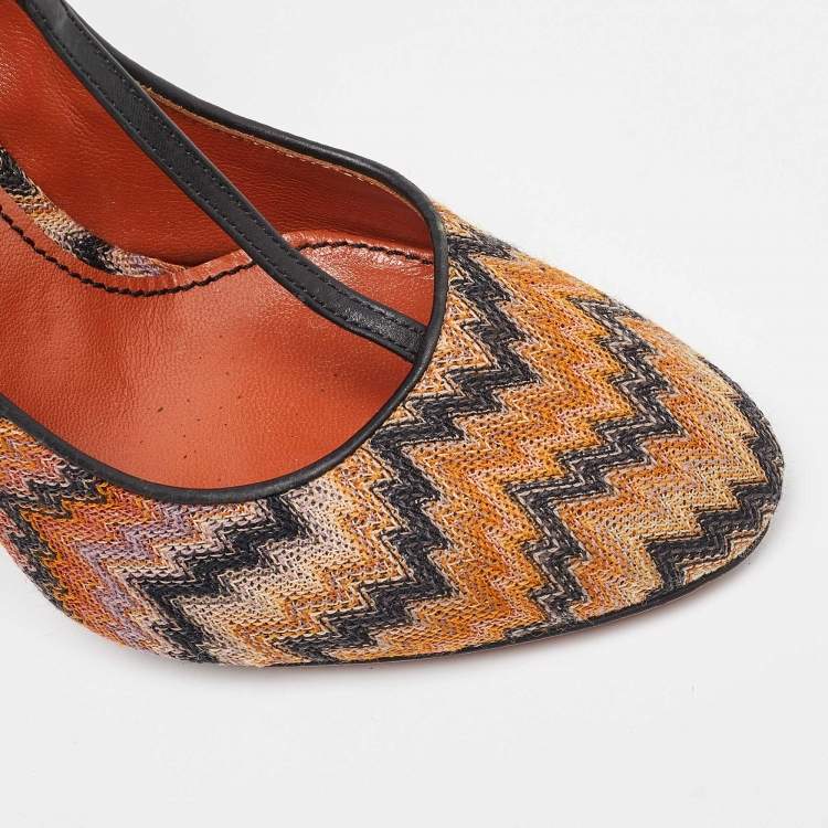Pre Owned Missoni Black/Orange Fabric and Leather Ankle T-Strap Pumps Size 37