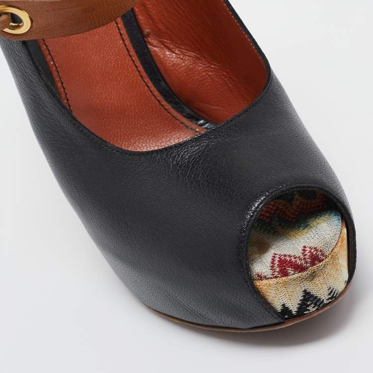 Pre Owned Missoni Black/Beige Leather Peep Toe Platform Slingback Pumps Size 39