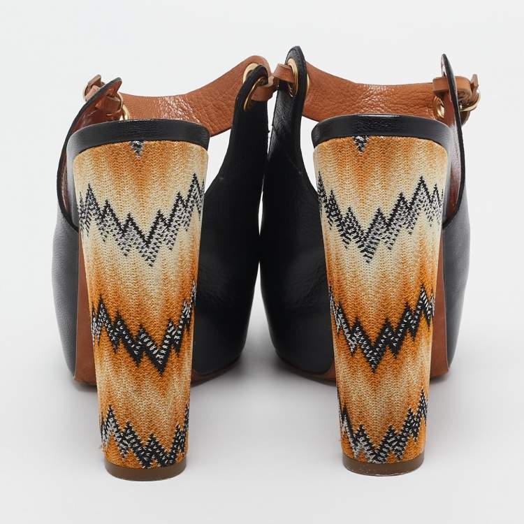 Pre Owned Missoni Black/Beige Leather Peep Toe Platform Slingback Pumps Size 39