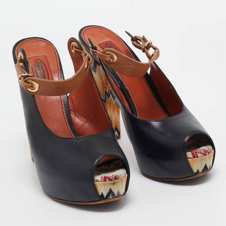 Pre Owned Missoni Black/Beige Leather Peep Toe Platform Slingback Pumps Size 39
