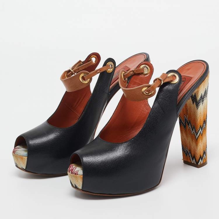 Pre Owned Missoni Black/Beige Leather Peep Toe Platform Slingback Pumps Size 39