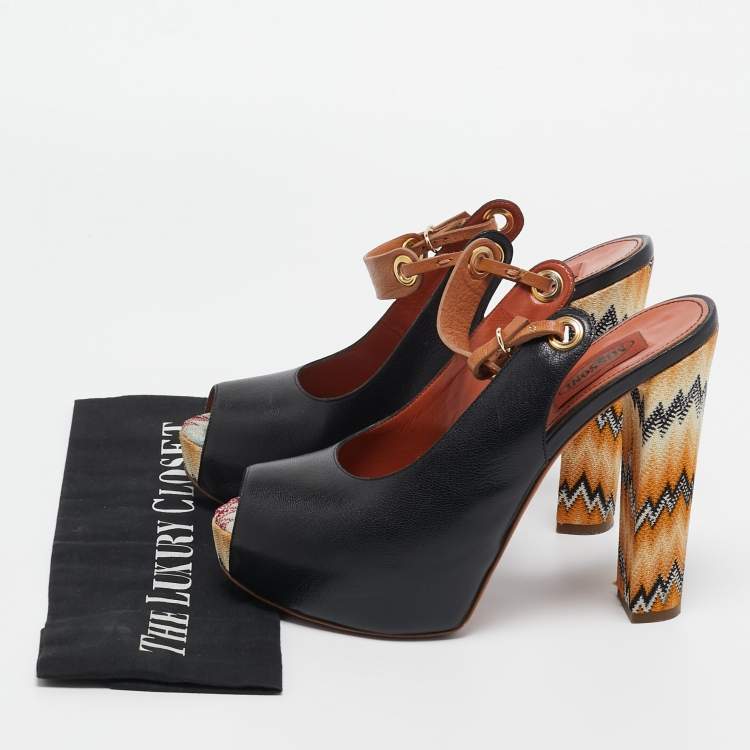 Pre Owned Missoni Black/Beige Leather Peep Toe Platform Slingback Pumps Size 39