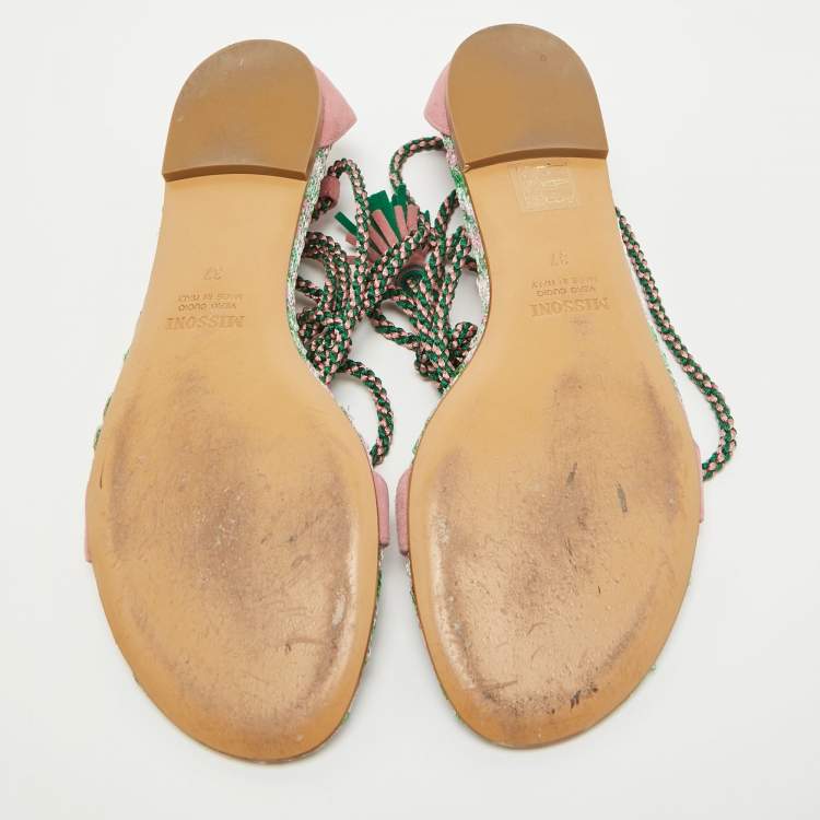 Pre Owned Missoni Multicolor Suede Zig Zag Tie Up Strap Flat Sandals Size 37