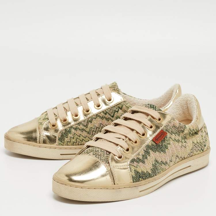 Pre Owned Missoni Gold Brocade Fabric and Leather Lace Up Sneakers Size 38.5
