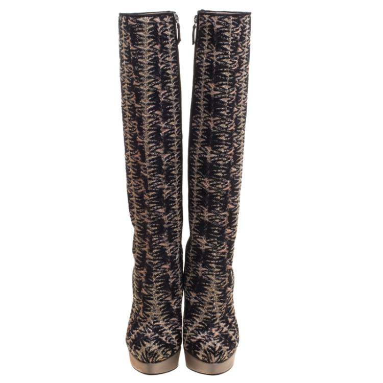 Pre Owned Missoni Black and Gold Patterned Knit Fabric Knee High Boots Size 37