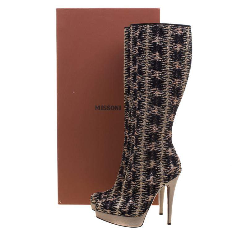 Pre Owned Missoni Black and Gold Patterned Knit Fabric Knee High Boots Size 37