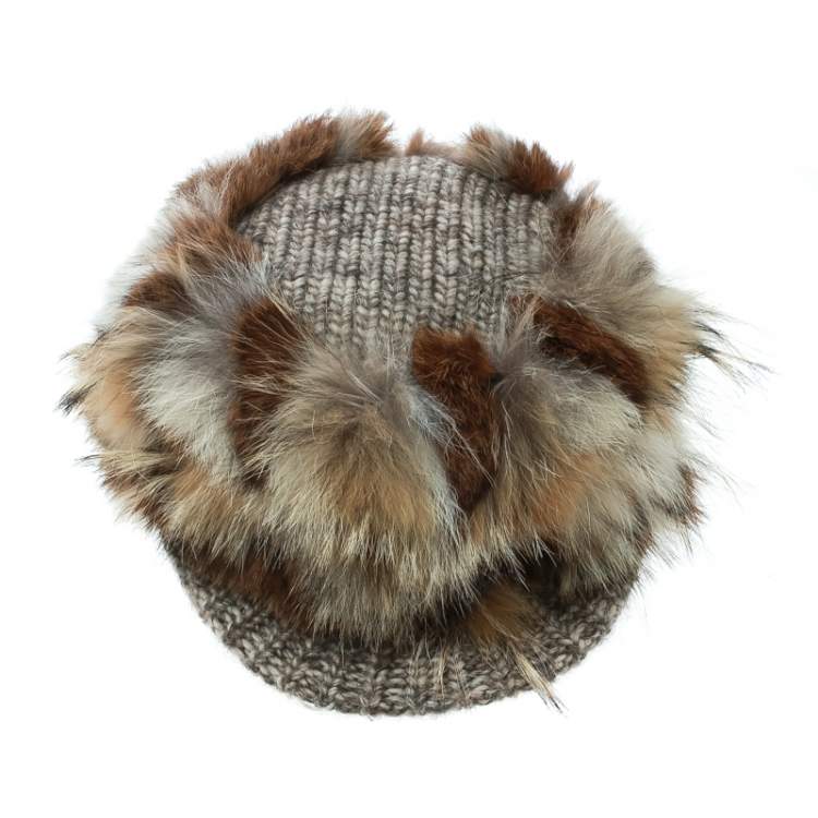 Pre Owned Missoni Brown Coyote and Rabbit Fur Newsboy Cap Size M