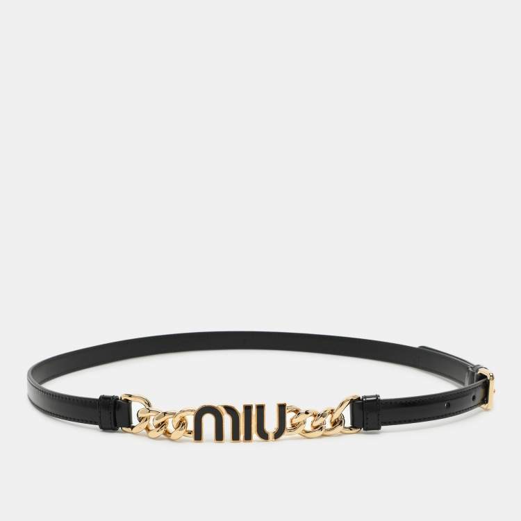 Pre Owned Miu Miu Black Leather Logo Chain Link Waist Belt 85CM