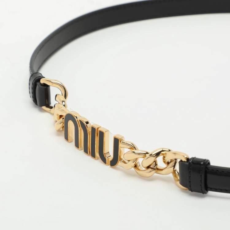 Pre Owned Miu Miu Black Leather Logo Chain Link Waist Belt 85CM